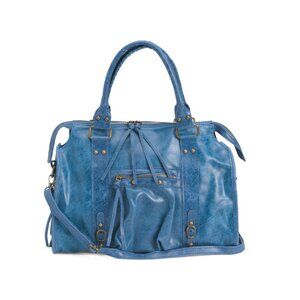 VIOLA CASTELLANI Blue Jean Made In Italy Leather Large Multi-pocket Satchel